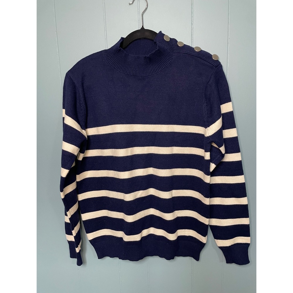 Kirundo Womens Navy Blue White Striped Mock Neck Shoulder Button Sweater‎ Medium
